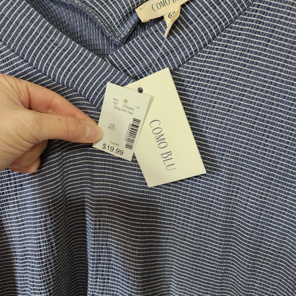 Women’s Como Blue Striped V-Neck Mid Flare Sleeve Top Size L NWT Casual Chic - Picture 6 of 8
